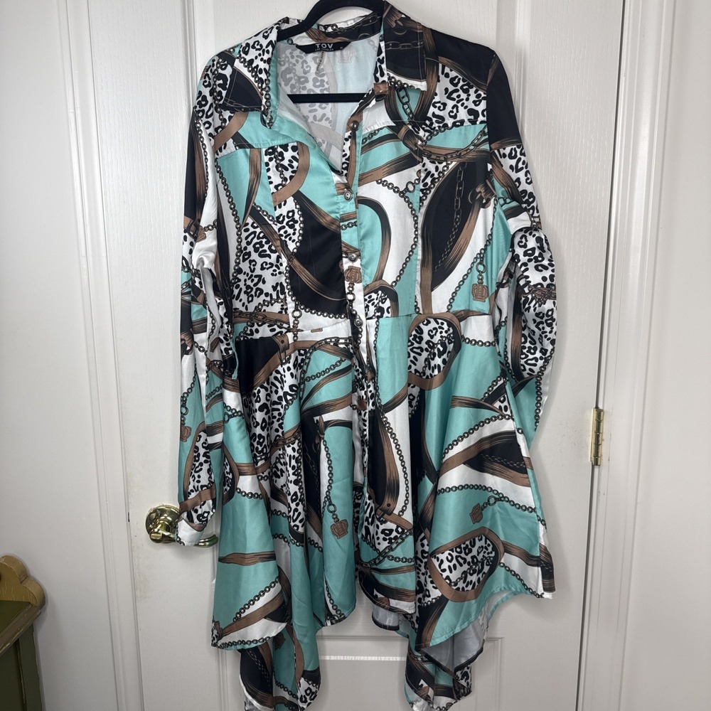 TOV Los Angeles Chain Leopard Print Shirt Dress Sz 40 Equestrian Handkerchief
